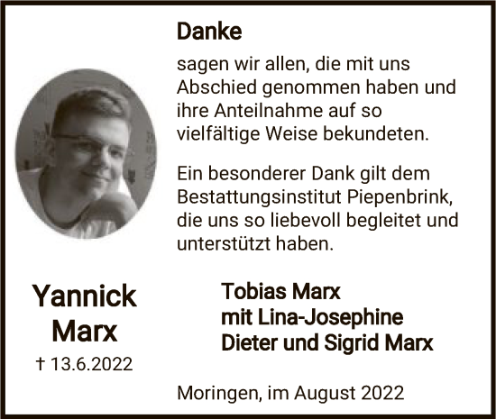 Todesanzeige von Yannick Marx von HNA