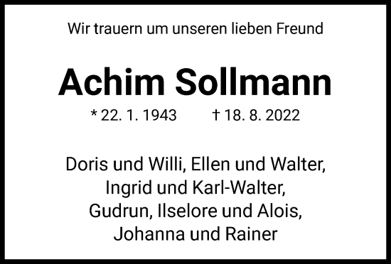 Todesanzeige von Achim Sollmann von HNA