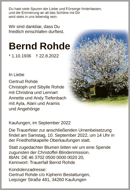 Todesanzeige von Bernd Rohde von HNA