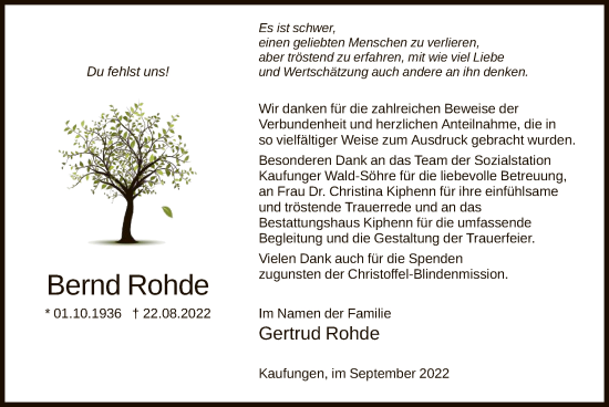 Todesanzeige von Bernd Rohde von HNA