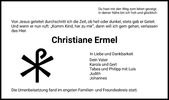 Todesanzeige von Christiane Ermel von HNA