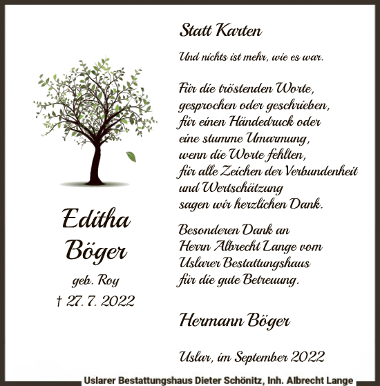 Todesanzeige von Editha Böger von HNA