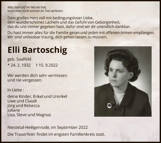 Todesanzeige von Elli Bartoschig von HNA