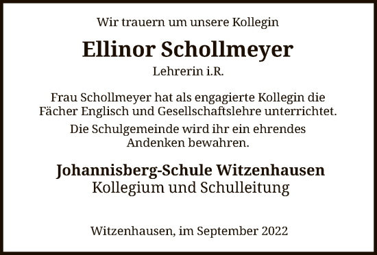 Todesanzeige von Ellinor Schollmeyer von HNA