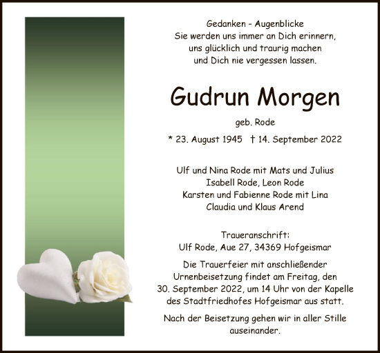 Todesanzeige von Gudrun Morgen von HNA