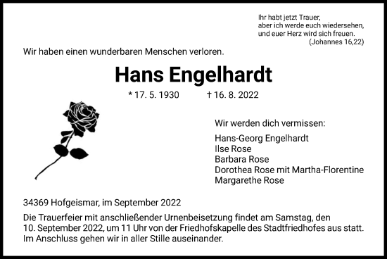 Todesanzeige von Hans Engelhardt von HNA