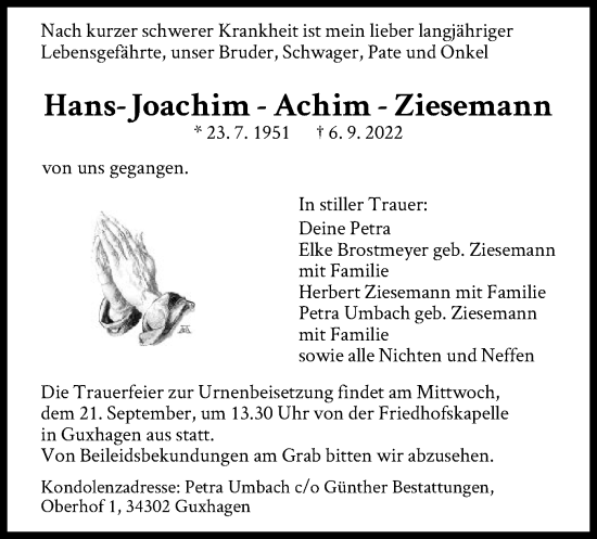Todesanzeige von Hans-Joachim-Achim Ziesemann von HNA