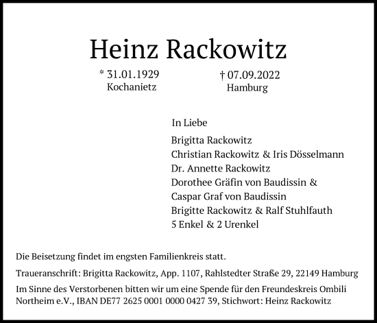 Todesanzeige von Heinz Rackowitz von HNA