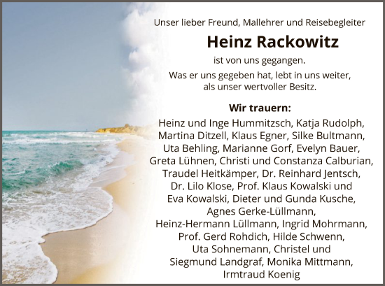 Todesanzeige von Heinz Rackowitz von HNA