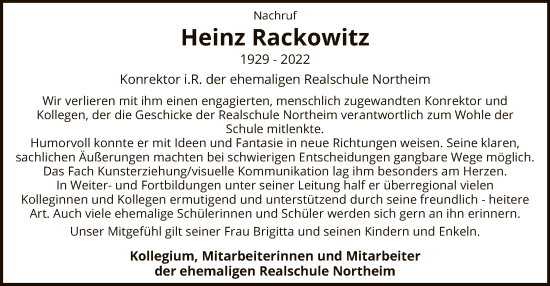 Todesanzeige von Heinz Rackowitz von HNA