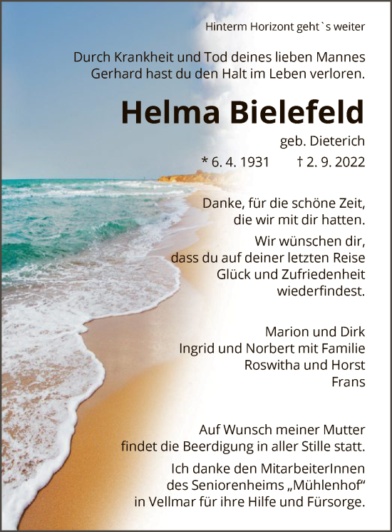 Todesanzeige von Helma Bielefeld von HNA