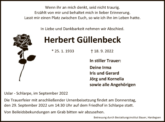 Todesanzeige von Herbert Güllenbeck von HNA