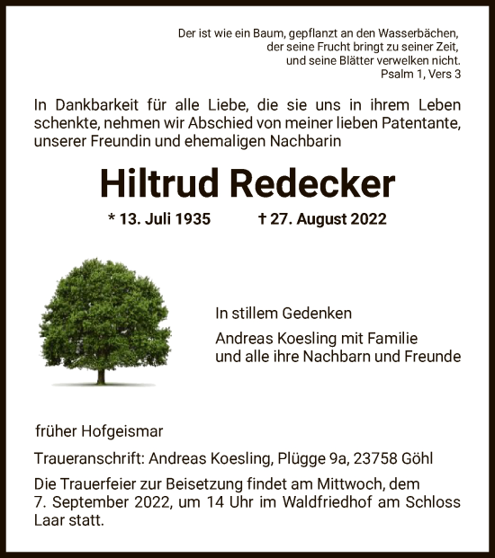 Todesanzeige von Hiltrud Redecker von HNA