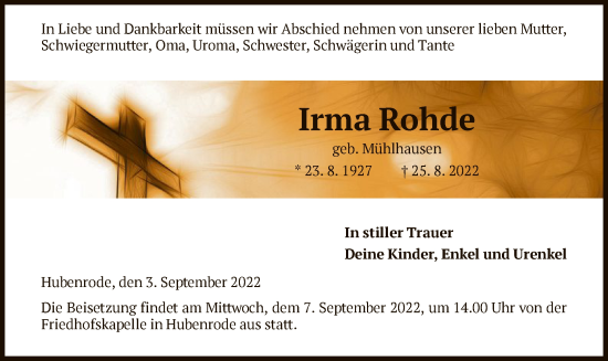 Todesanzeige von Irma Rohde von HNA