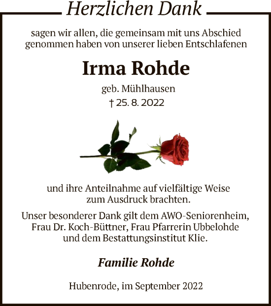 Todesanzeige von Irma Rohde von HNA