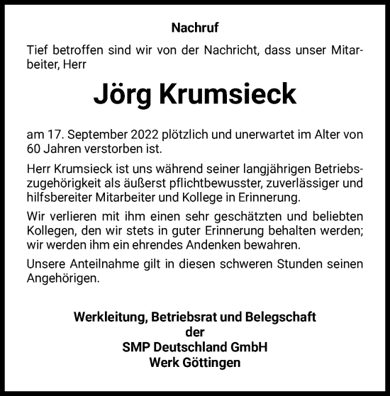 Todesanzeige von Jörg Krumsieck von HNA