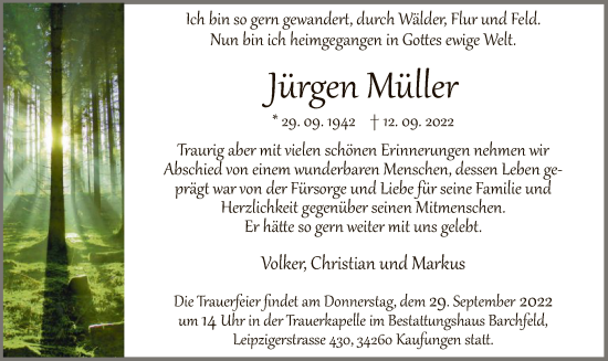 Todesanzeige von Jürgen Müller von HNA