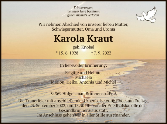 Todesanzeige von Karola Kraut von HNA