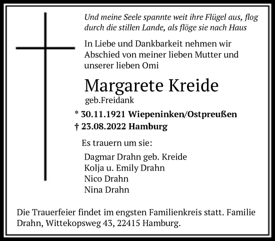 Todesanzeige von Margarete Kreide von HNA