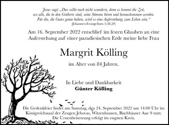 Todesanzeige von Margrit Kölling von HNA