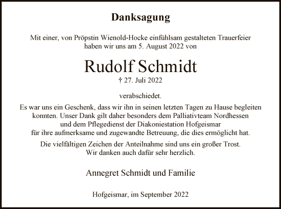 Todesanzeige von Rudof Schmidt von HNA