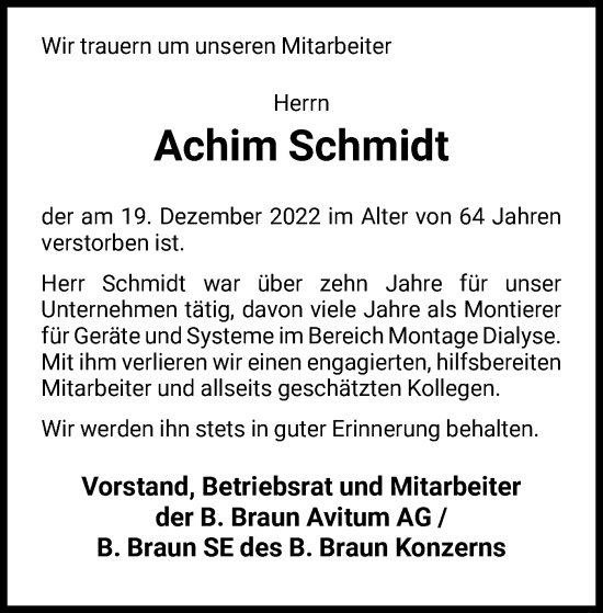 Todesanzeige von Achim Schmidt von HNA