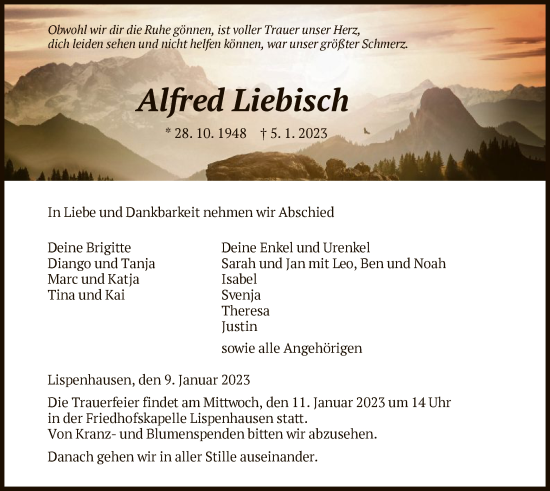 Todesanzeige von Alfred Liebisch von HNA