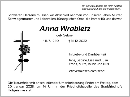 Todesanzeige von Anna Wrabletz von HNA