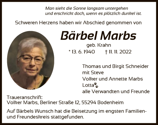 Todesanzeige von Bärbel Marbs von HNA