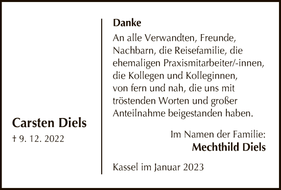 Todesanzeige von Carsten Diels von HNA