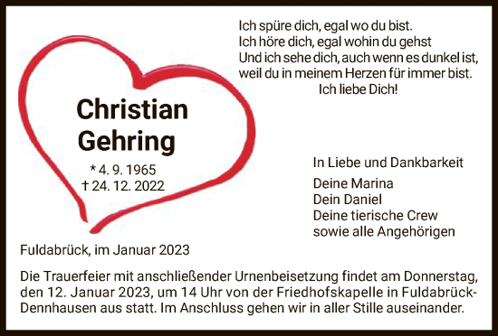 Todesanzeige von Christian Gehring von HNA