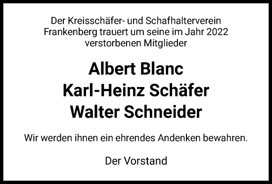 Todesanzeige von Der Kreisschäfer- und Schafhalterverein Frankenberg trauert um von HNA