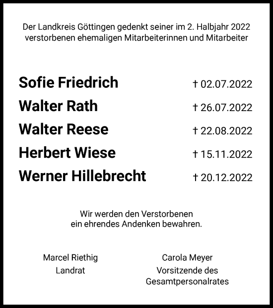 Todesanzeige von Der Landkreis Göttingen gedenkt von HNA