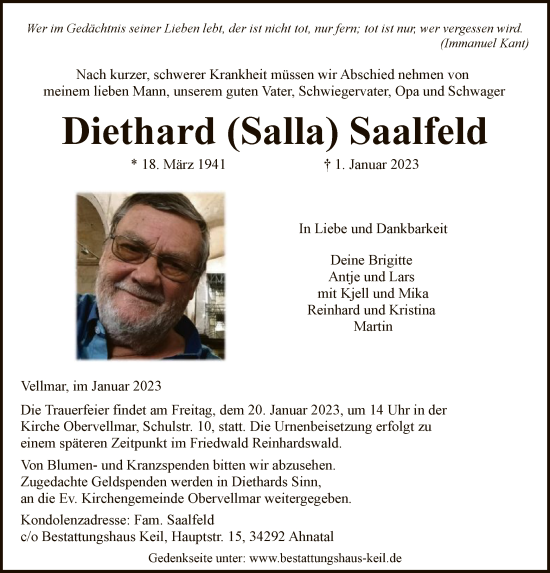 Todesanzeige von Diethard Saalfeld von HNA