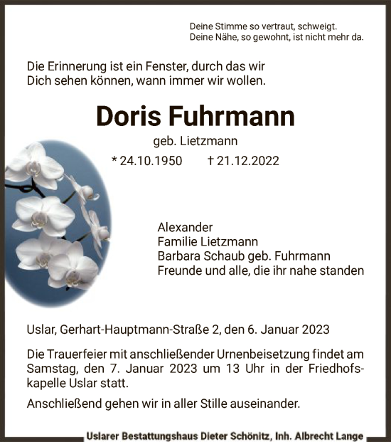 Todesanzeige von Doris Fuhrmann von HNA