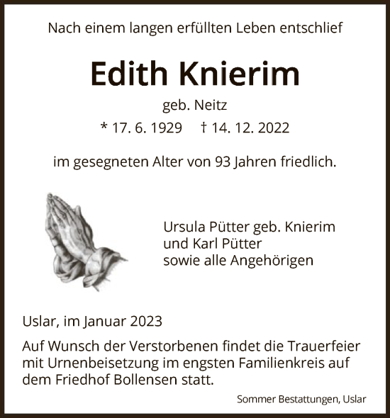 Todesanzeige von Edith Knierim von HNA