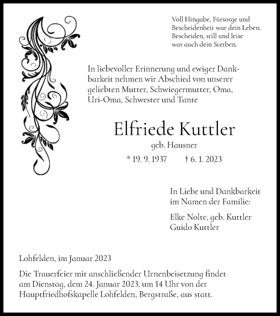 Todesanzeige von Elfriede Kuttler von HNA