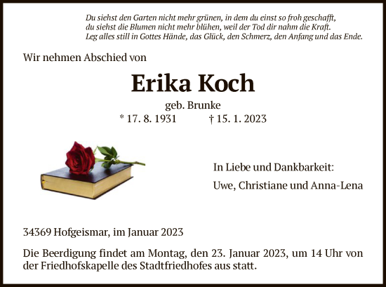 Todesanzeige von Erika Koch von HNA