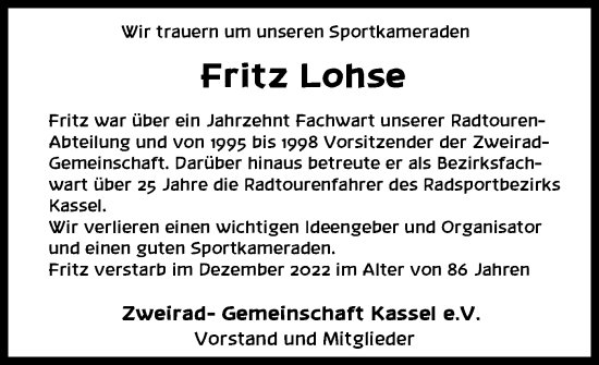 Todesanzeige von Fritz Lohse von HNA