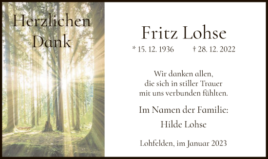 Todesanzeige von Fritz Lohse von HNA