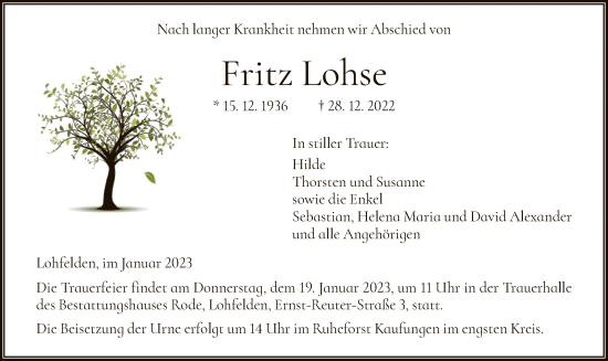 Todesanzeige von Fritz Lohse von HNA