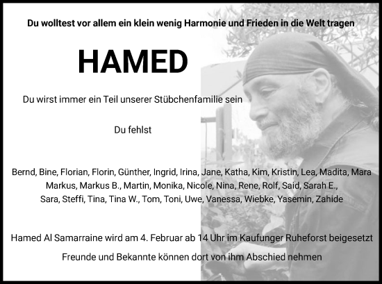 Todesanzeige von Hamed Al Samarraine von HNA