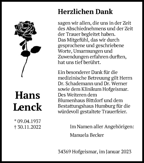 Todesanzeige von Hans Lenck von HNA