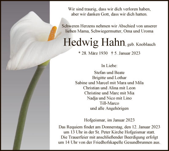 Todesanzeige von Hedwig Hahn von HNA