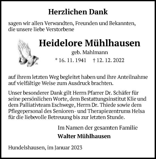 Todesanzeige von Heidelore Mühlhausen von HNA