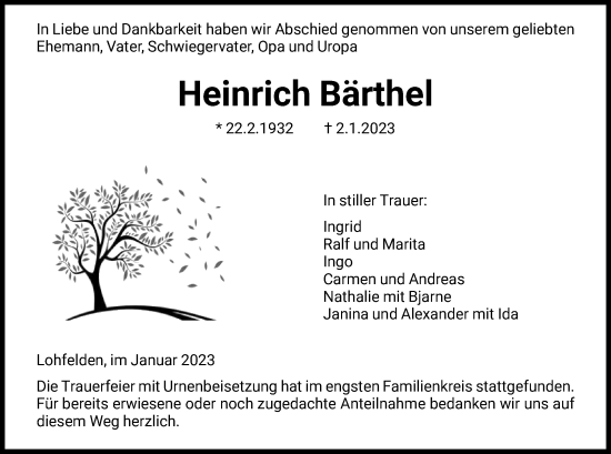Todesanzeige von Heinrich Bärthel von HNA