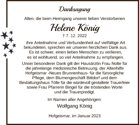 Todesanzeige von Helene König von HNA