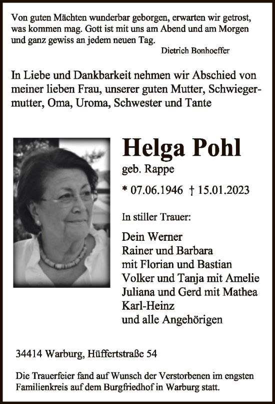 Todesanzeige von Helga Pohl von HNA