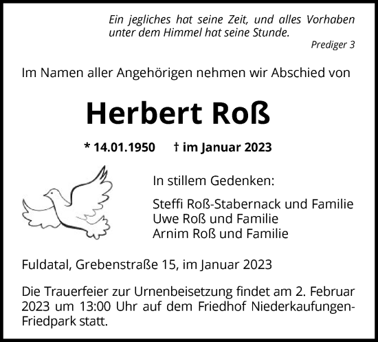 Todesanzeige von Herbert Roß von HNA