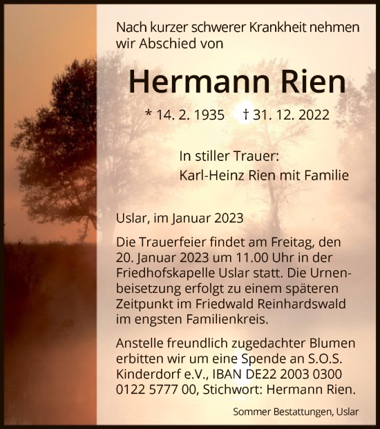 Todesanzeige von Hermann Rien von HNA